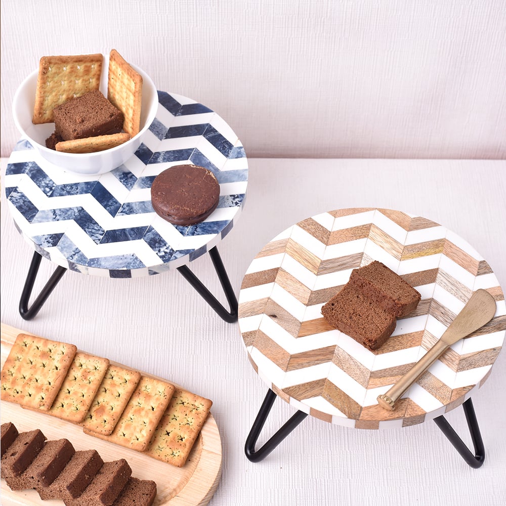 Brown and Blue Chevron Wood and Resin Cake Stand for Dessert, Fruit and Planter